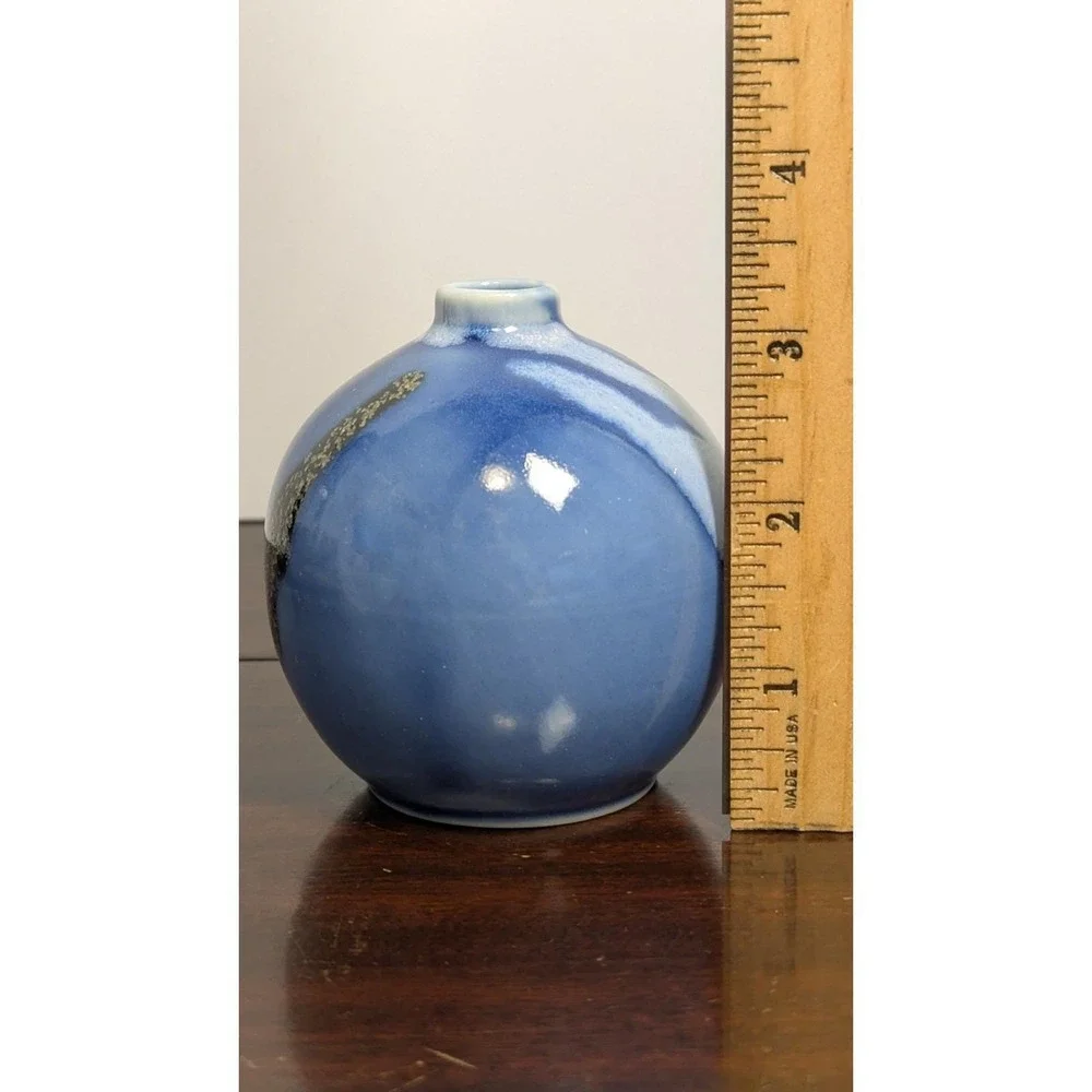 Vintage Japanese Studio Pottery Bud Vase Blue Drip Glaze Round Orb Vase Japan